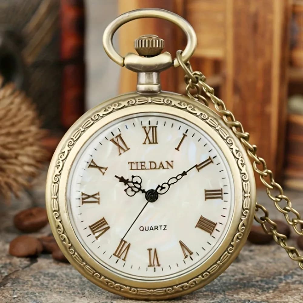 Orologio da tasca vintage al quarzo in bronzo con numeri romani, cassa rotonda in lega, orologio squisito con tariffa mondiale per uomini e donne