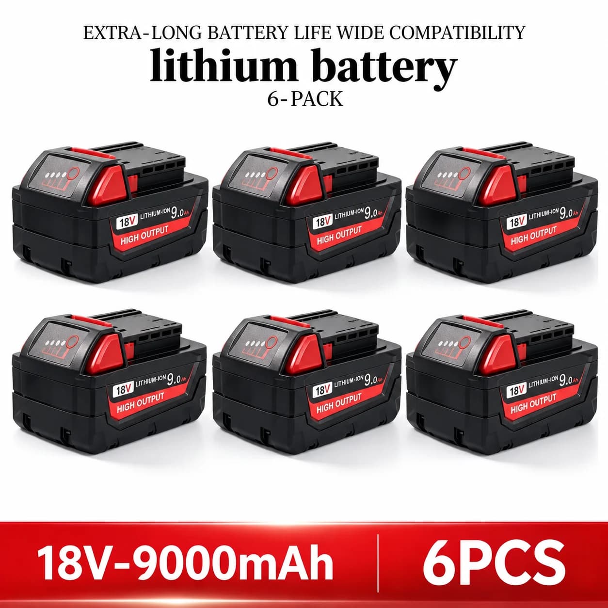 6Pack 18V 9.0AH Li-ion Replacement For Milwaukee 48-11-1850 48-11-1890 Lithium Battery Block For 18V M18 Cordless Tool Set（24-hour fast shipping）