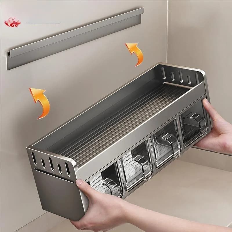 Organizzatore da Cucina Multifunzione, Porta Spezie a Parete Senza Foratura, Set Combinato per Condimenti
