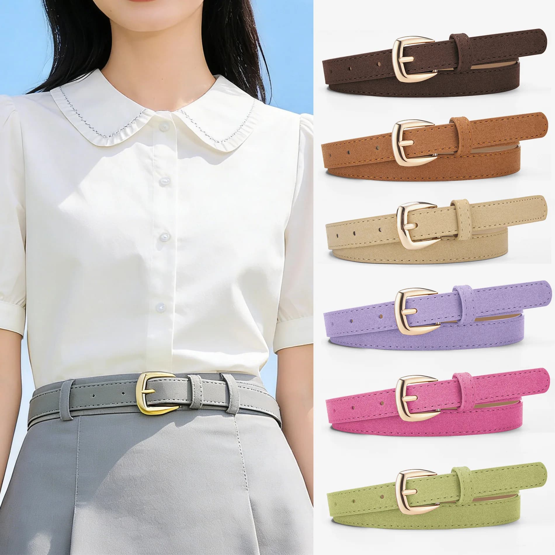 Thin Belt New Pu Decorated Suede Belt with Skirt Simple and Versatile Fine Pin Buckle Jeans Women's Belt