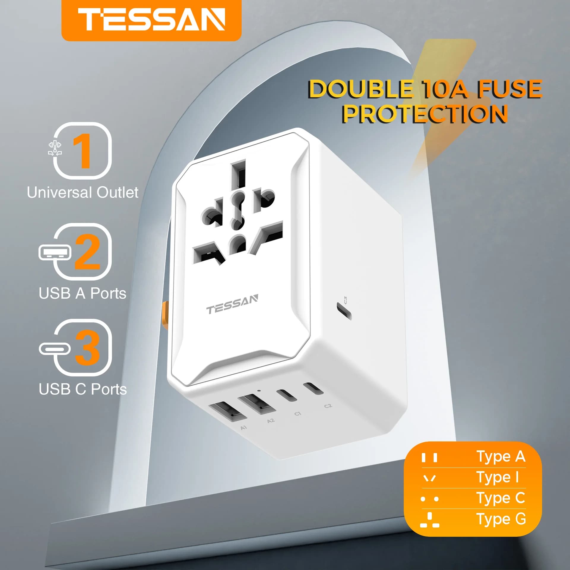 Adattatore da viaggio universale TESSAN 28W con 2 USB +3 Type C, mini adattatore da parete per prese internazionali per viaggi in USA, UE, Regno Unito, Australia
