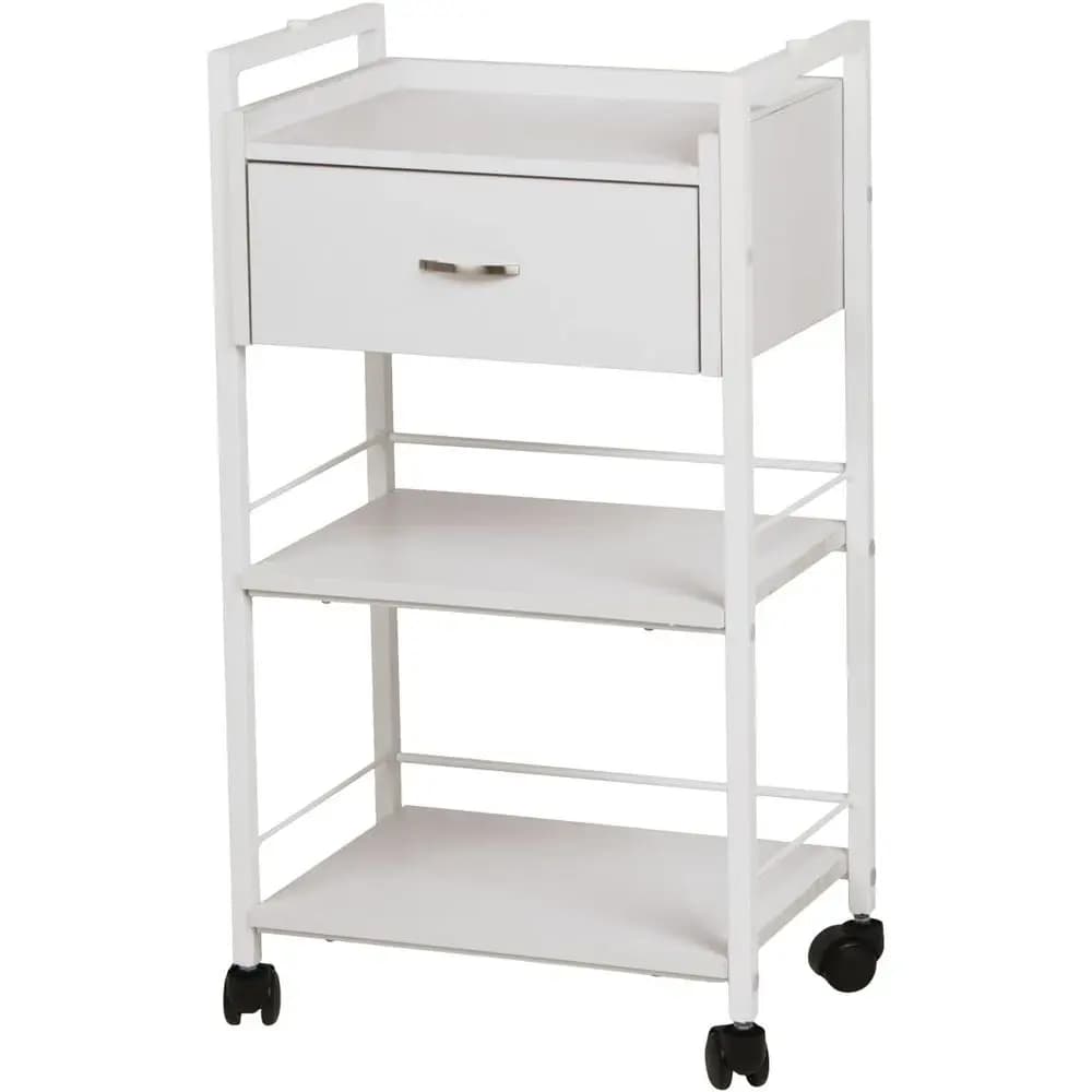 Carrello Multiuso a 3 Ripiani per Spa ed Estetiste, Organizzatore in Legno Bianco con Cassetti, Scaffali Aperti e Ruote Scorrevoli