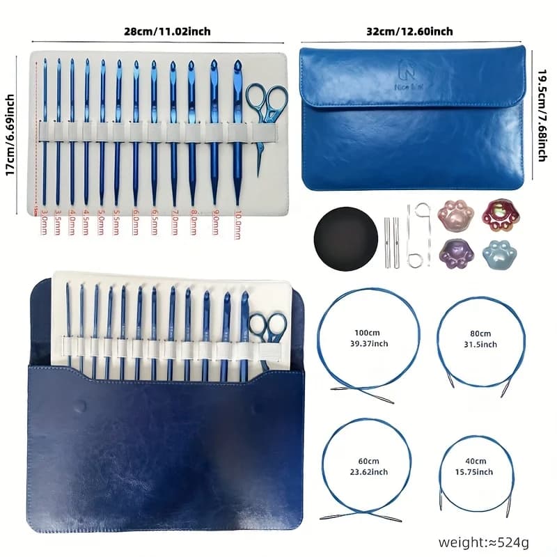 1 set di 26 pezzi di strumenti per maglieria, uncinetti, uncinetti con testa rimovibile e sostituibile, uncinetto tunisino in allumina blu