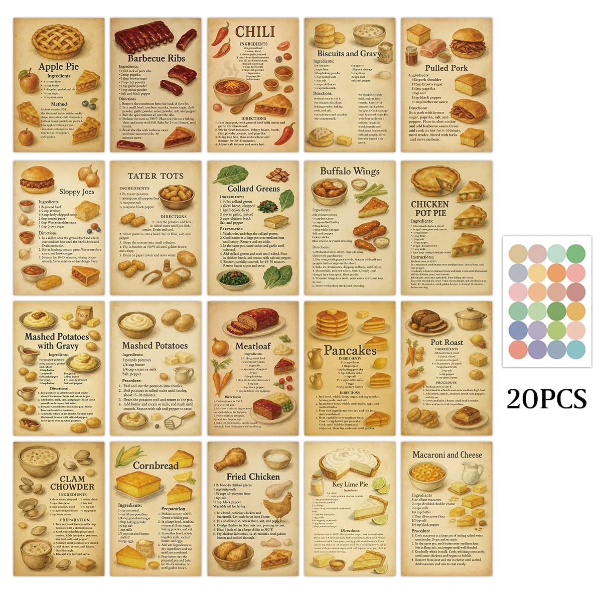 20pcs Delicious Recipe Kitchen Decor Wall Cards,Ingredient Lists And Cook Tips Cards,Postcard Gifts For Home Cooks,Foodie Friend