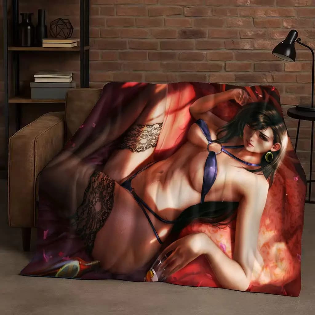 Coperta di flanella di cartone animato per ragazza in pizzo sexy 3D Tifa Aerith, peluche ultra morbido e caldo per la copertura del divano del letto della camera da letto di casa, picnic per bambini