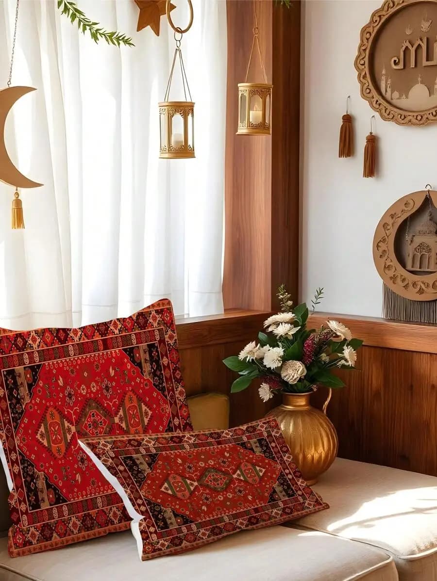 Bohemian Red Black Geometric Polyester Throw Pillow Cover For Sofa Bedroom Decor