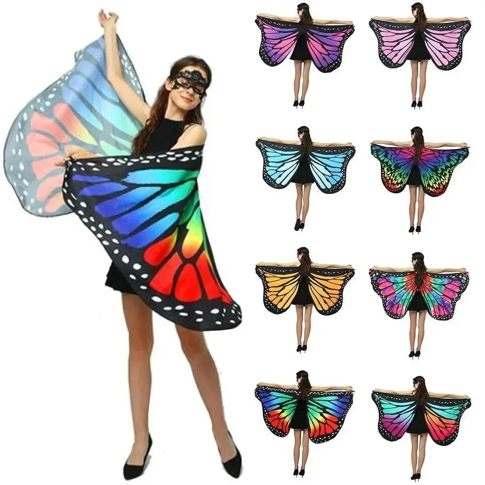 Ali di farfalla arcobaleno Mantello Scialle Fata Costume da ballo per donna Mantello di farfalla monarca per adulti Ali di farfalla per bambini di Halloween
