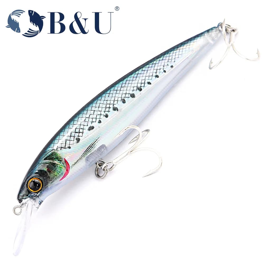 B&U Esca da pesca in acqua salata Minnow Jerkbait Lure Esca artificiale Lancio lungo Spigola Luccio Wobbler Affrontare Ganci Esca dura