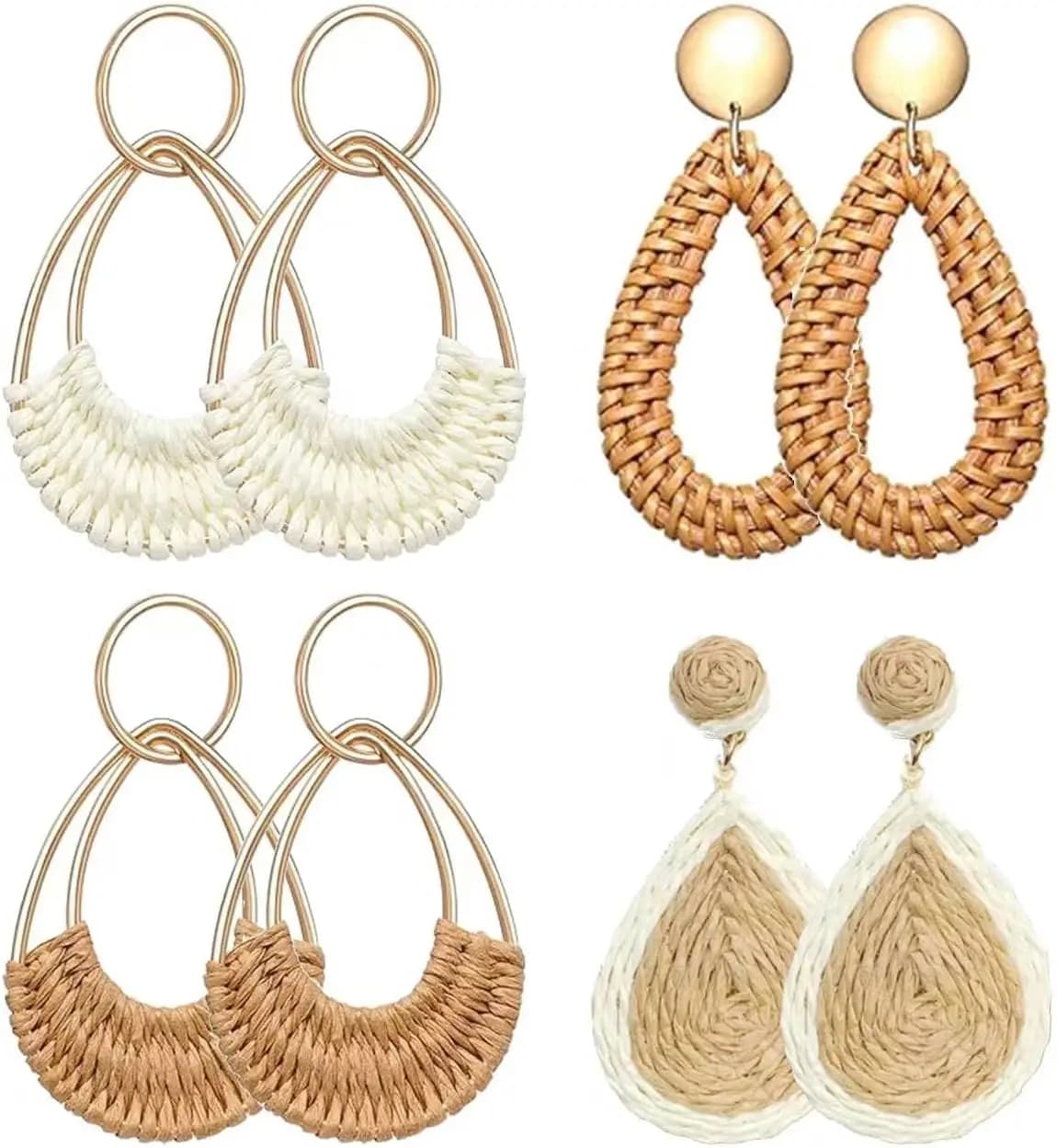 1 or 4 Pairs Handmade Raffia Rattan Bohemian Round Drop Dangle Earrings for Women, Boho Statement Cute Fun Hoop Earrings Set