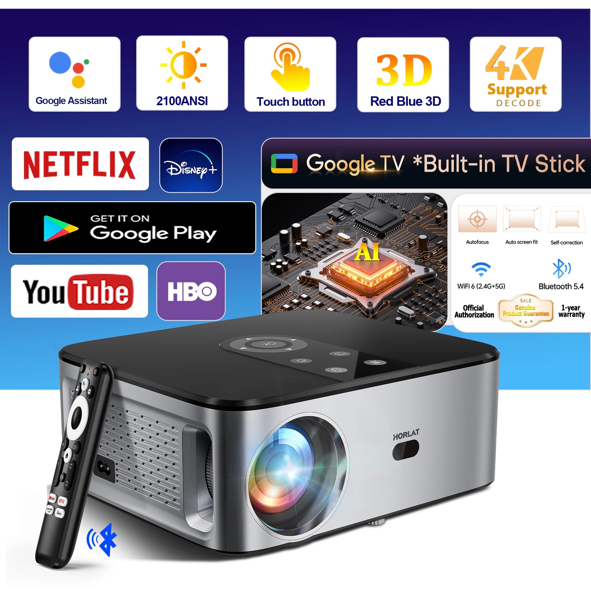 Proiettore LCD HORLAT 40000 Lumen, Decodifica 4K 8K, Home Theater, Sistema Android 11, 2000 ANSI Lumen, Full HD 1080P, Correzione Automatica Keystone, WiFi 5G