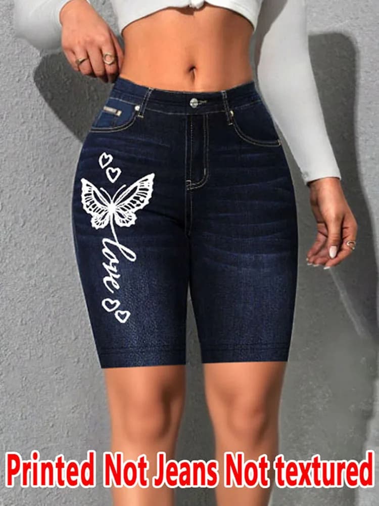 Leggings Stampati - Non in Tessuto Simil-Denim - Pantaloncini Capri da Donna Senza Texture