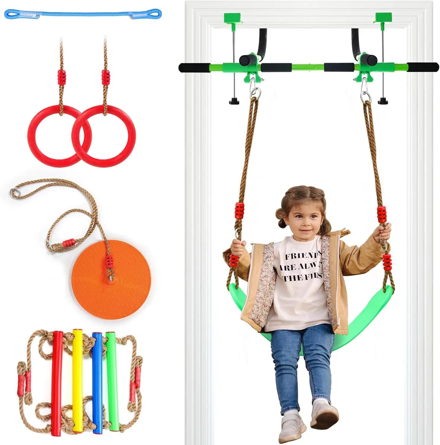 Altalena da Porta per Bambini e Barra per Trazioni per Adulti, Altalena da Interno con 4 Accessori, Palestra Multifunzione, Adatta per Telaio della Porta