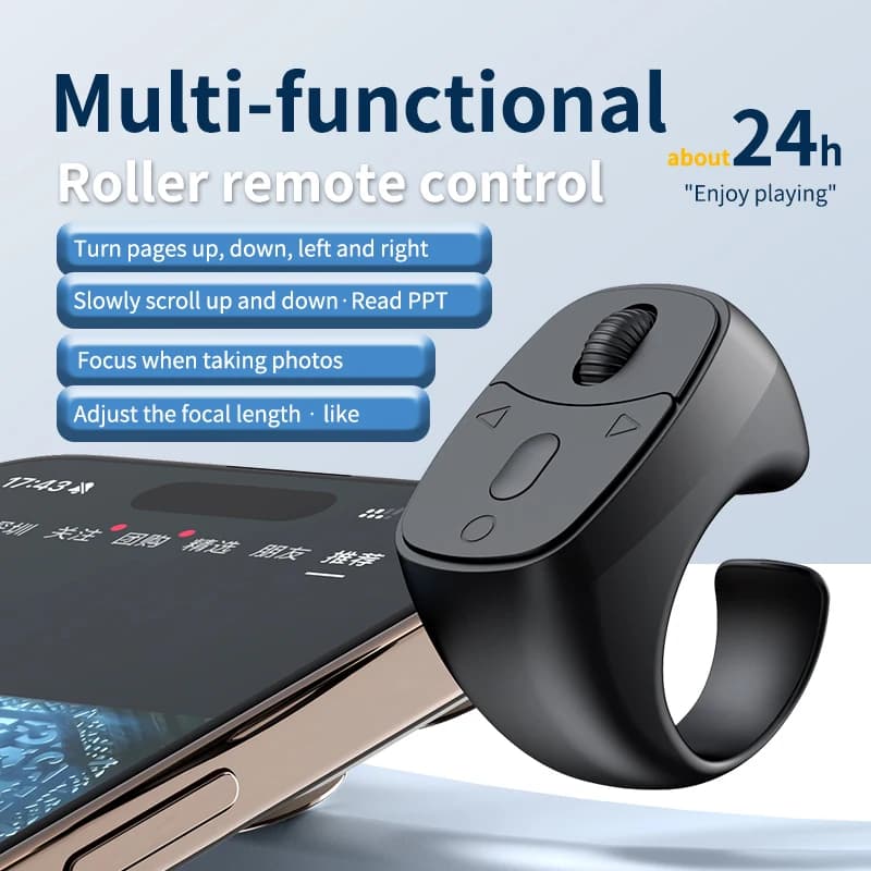 Telecomando wireless ad anello per dito, Bluetooth 5.3, per sfogliare pagine, controller per cellulare, pulsante per selfie e scatto fotografico, ideale per i viaggi