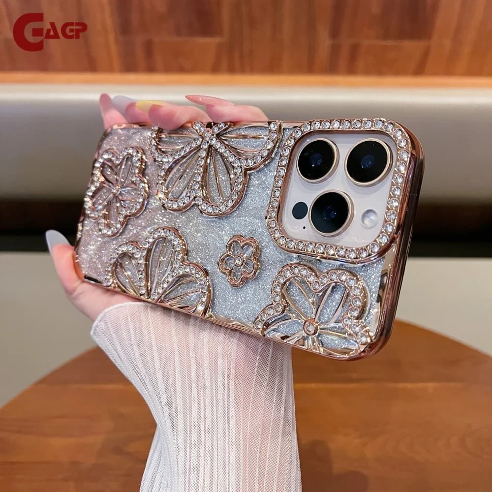Custodia per telefono con glitter sfumati con fiori di diamanti 3D per iPhone 16 15 14 13 12 11 Pro Max 16Plus 11 Cover morbida in TPU antiurto placcatura