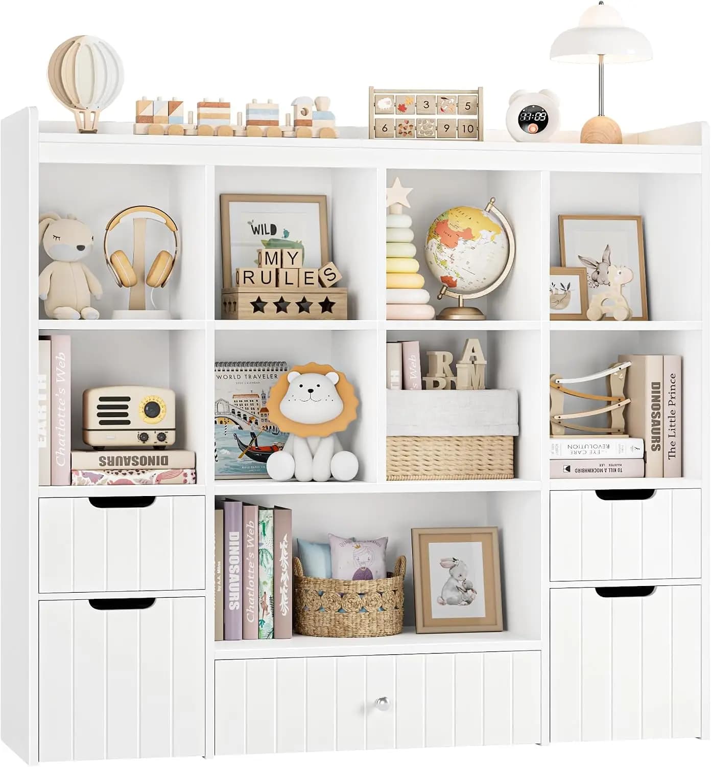 48 Inch Wooden Storage Organizer Unit, Bookshelf with Storage Cubbies, Mobile Storage Boxes and Drawers, Freestanding Storage Chest Bookcase for Indoor Space, White