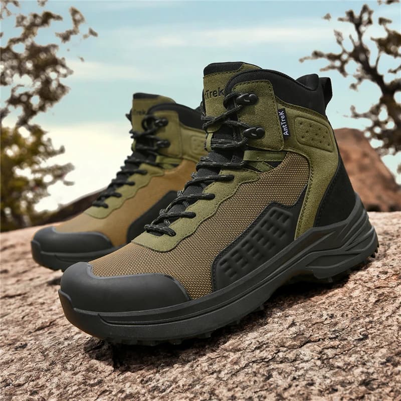 Men Green High Top Trekking Boots Anti Collision Toe Breathable Mesh Non Slip Lug Sole Outdoor Mountain Hiking Casual Boots
