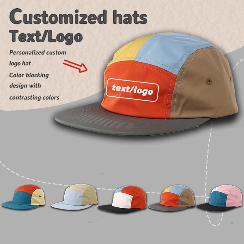 Logo personalizzato abbinato ai colori Cappello impermeabile ad asciugatura rapida a cinque pannelli Parasole da esterno Berretto da baseball con bordo piatto regolabile unisex