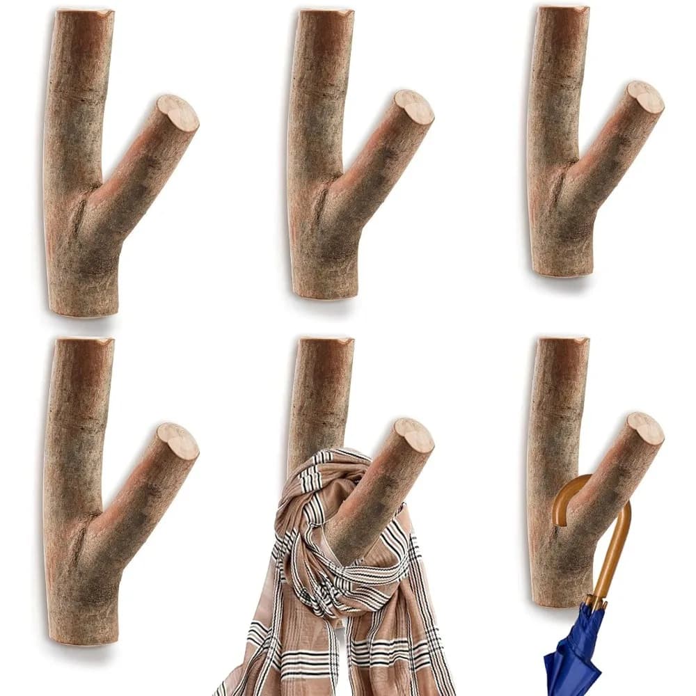 6PCS Rustic Wood Wall Hooks Tree Branch Clothes Hook Decorative Coat and Hat Hangers for Towels, Bags Home Decor