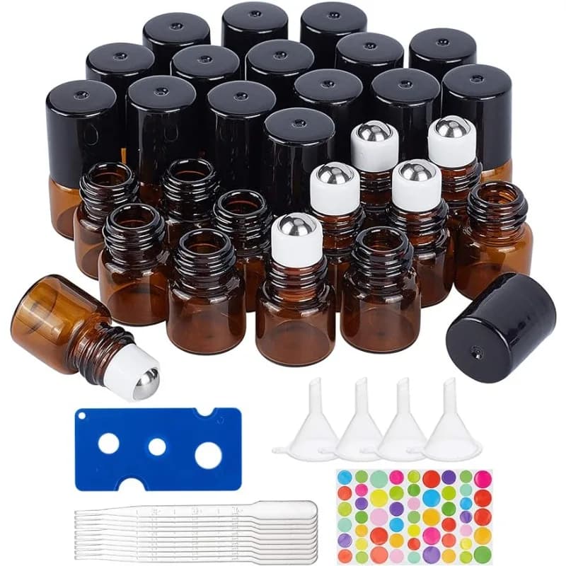 Confezione da 30 flaconi a rulli per oli essenziali in vetro ambrato da 1 ml con sfere a rulli in acciaio inossidabile 10 contagocce da 3 ml 4 imbuti
