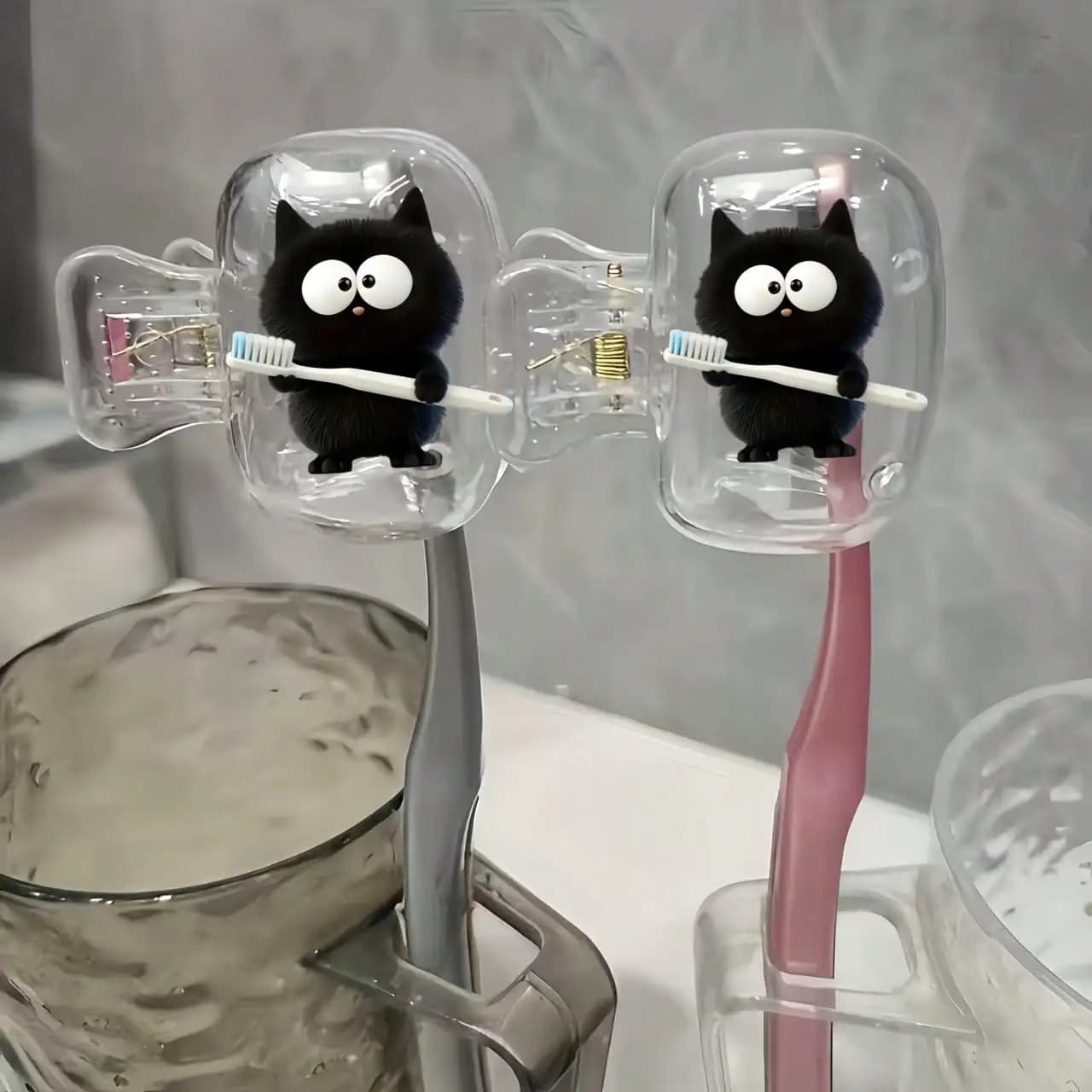 2 Pezzi Custodia Protettiva Portatile per Spazzolino con Motivo Gatto Nero e Scatola Contenitore Esse