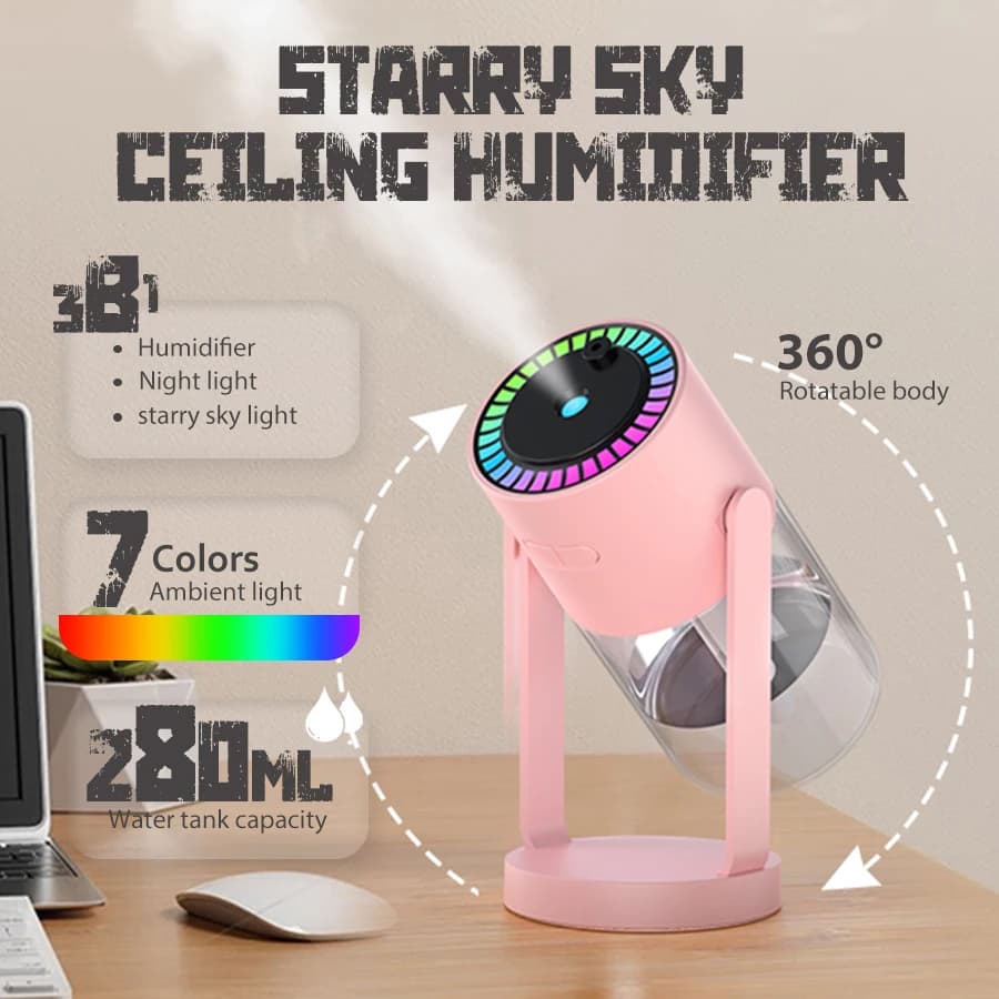 Mini umidificatore d'aria alimentato tramite USB da 1 PC con proiettore stellare e luce notturna, 2 modalità di nebbia, umidificatore portatile silenzioso per casa, auto
