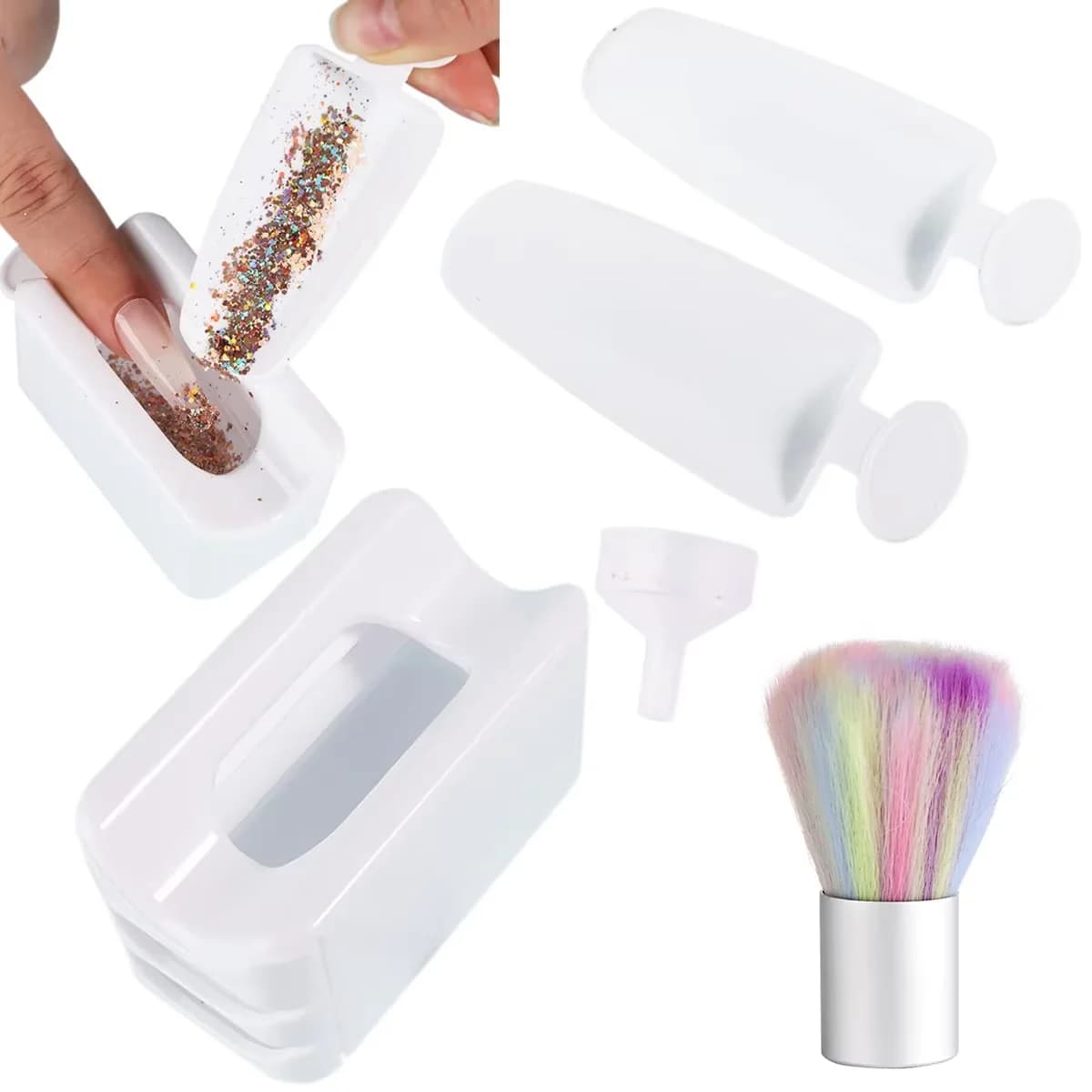 LINMADA Scatola per il riciclaggio di polvere per unghie con cucchiaio Scatola per nail art Accessori per nail art Strumento per il trucco Risparmiatore di glitter in polvere e pennello per unghie