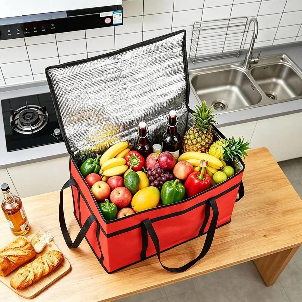 Borsa Termica Grande Riutilizzabile per la Spesa in Tessuto Non Tessuto con Rivestimento in Alluminio, Mantiene Cibi Caldi o Freddi, Chiusura a Cerniera, Pieghevole
