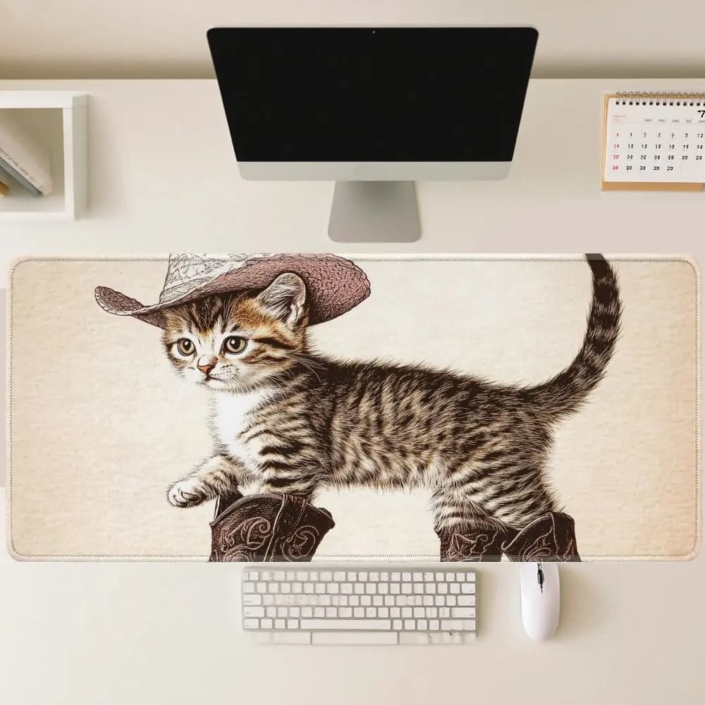 Grande Tappetino da Scrivania a Tema Gatto Cowboy, Tappetino per Mouse da Gaming Impermeabile e Antiscivolo, Tappetino da Scrivania Vintage con Animali per Ufficio e Casa