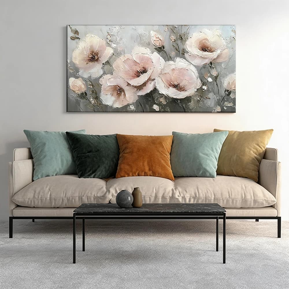 Painted on canvas with large solid wood frame, 1 piece, oil-painted floral art work, delicate tones.