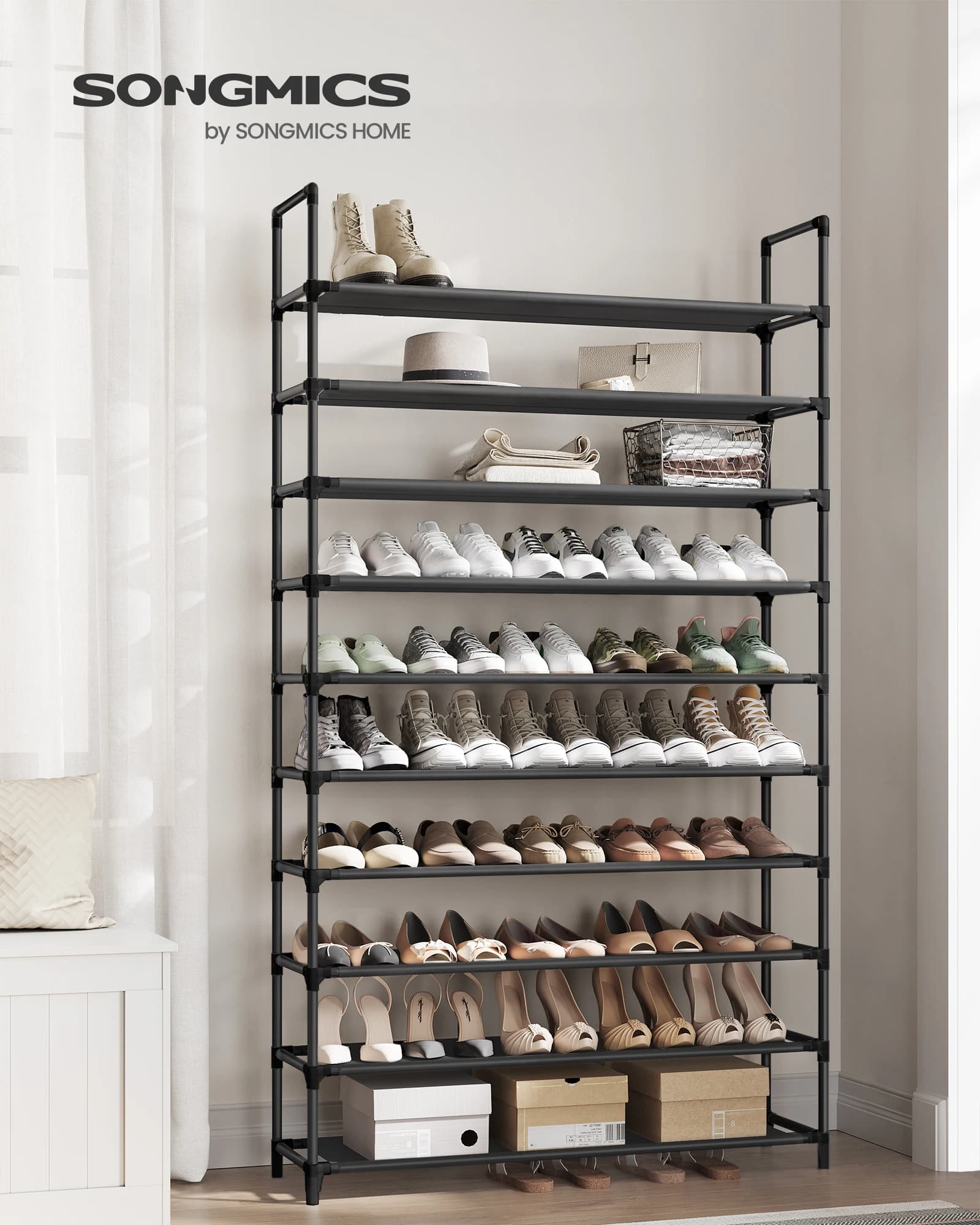 Scarpiera SONGMICS, scaffale per scarpe a 10 livelli, organizer per riporre le scarpe, 11,4 x 39,4 x 68,9 pollici, struttura in metallo, ripiani in tessuto non tessuto