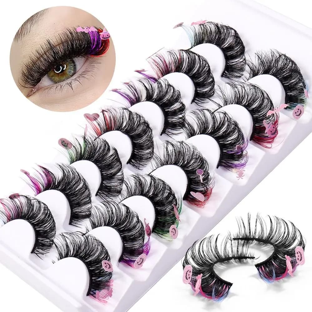 7 paia di ciglia colorate drammatiche spesse soffici pipistrelli Halloween ciglia di visone con paillettes zucca strega ciglia finte colorate morbide