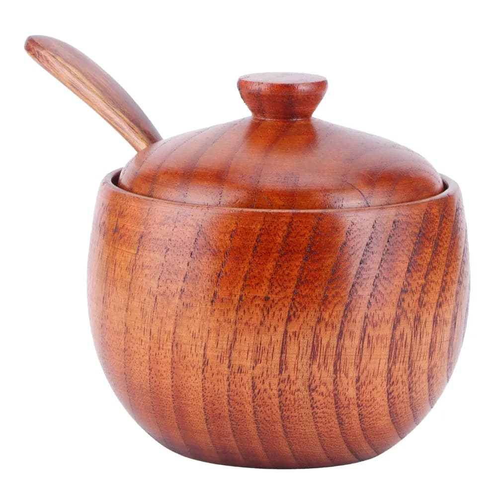 Durable Wooden Seasoning Container With Lid With Spoon Salt Cellar Set Brown 150ml Condiment Pot For Restaurant