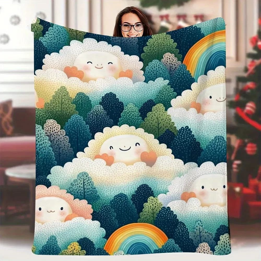 Simpatica coperta in flanella con motivo nuvola sorridente, adatta a tutte le stagioni. Perfetto per il campeggio, i viaggi e l'uso domestico