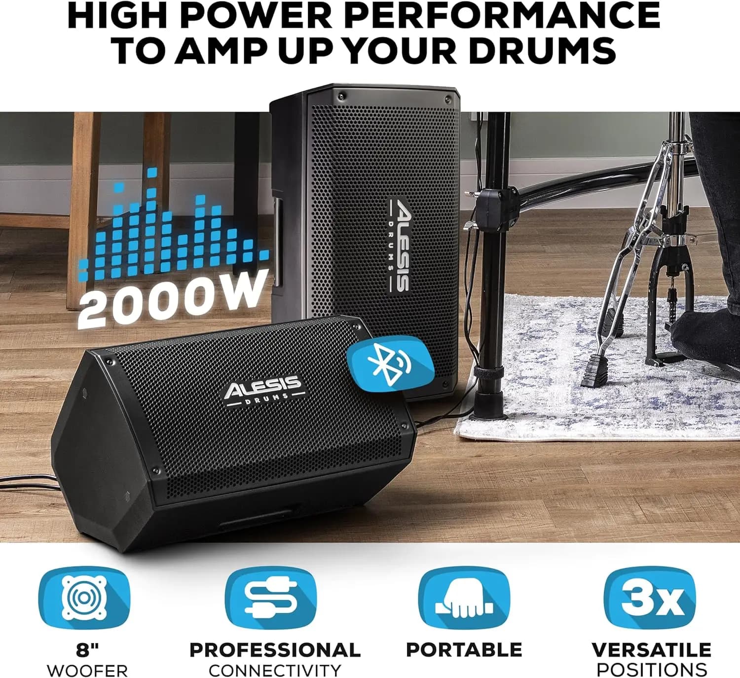 Strike Amp 8 MK2-2000W Battery Amplifier Speaker for Bluetooth, 8" woofer, HPF EQ and ground lifting switch