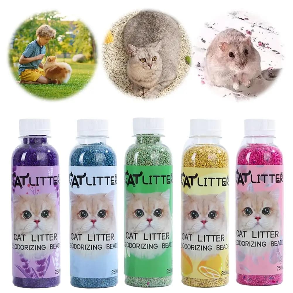 Eliminatore di odori naturali a base vegetale Una bottiglia di profumo fresco Perline deodoranti per lettiera di gatti per ambienti domestici puliti e profumati X4S5