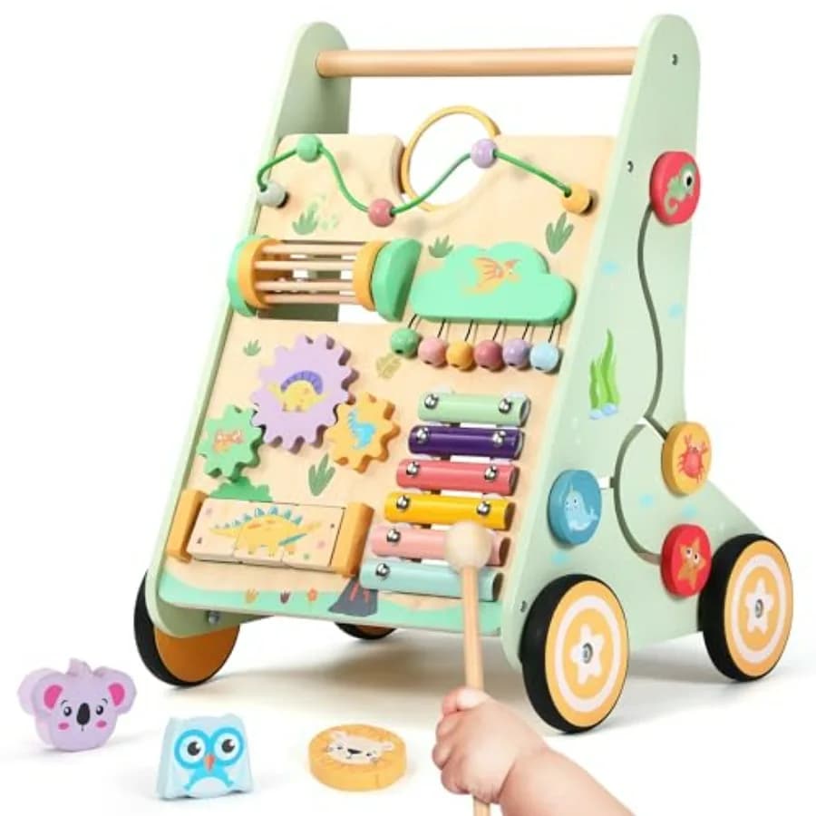 Girello in legno per neonati con velocità regolabile, giocattolo Montessori con ruote e centro attività, robusto giocattolo educativo per bambini