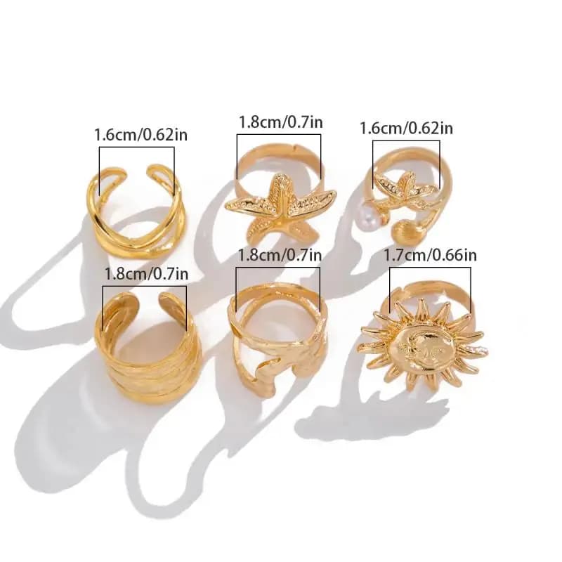 6 pz/set Anello di Perle Pieghettato Vacanza Spiaggia Gioielli Personalizzati Vintage Sole Stelle Marine Anelli Aperti Per Le Donne Degli Uomini Punk Irregolare