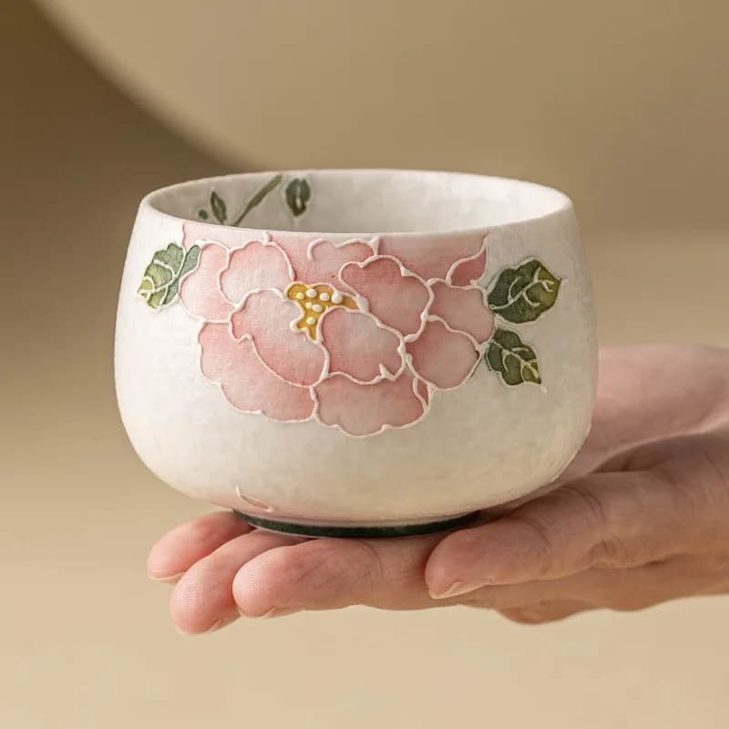Chinese Handmade Tea Cup Peony Flower Carved Porcelain Kung Fu Tea Personal Use Ceremony Office Christmas Gift