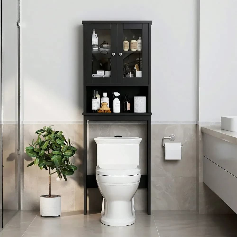Mobiletto da bagno a doppia anta, design con ripiano interno regolabile, organizer salvaspazio da montare sopra il WC