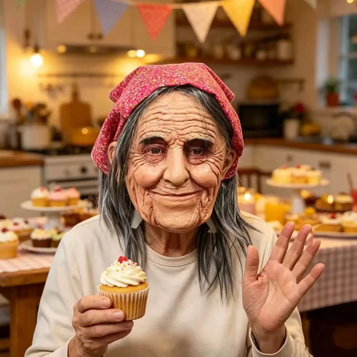 Realistic Grandma Mask with Red Floral Headscarf Elderly Woman Latex Mask for Halloween Cosplay Carnival Party Costume Performan