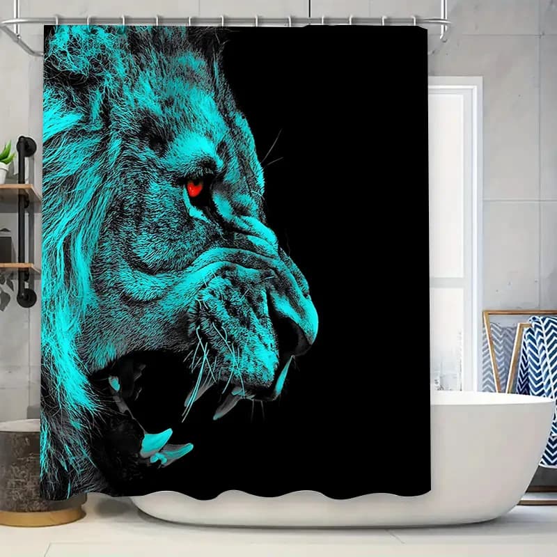 Elegante tenda da doccia impermeabile con stampa leone blu con ganci, facile da pulire, installazione in tessuto di poliestere disponibile in varie dimensioni