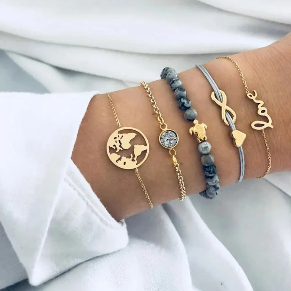 FSUNION 5 Pz/set Bohemian Tartaruga Braccialetti con Ciondoli Color Oro Braccialetti con Filo Set per Le Donne 2025 Gioelleria Raffinata E Alla Moda Regali Del Partito