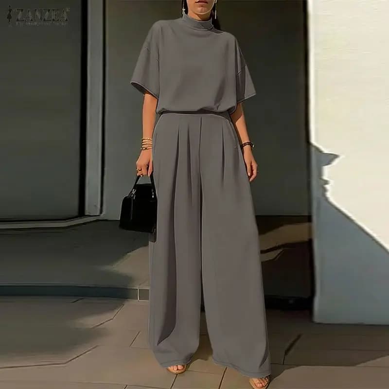 ZANZEA Completi da donna minimalisti con pantaloni a gamba larga e camicetta a mezza manica con collo a lupetto, set da 2 pezzi, eleganti completi con pantaloni tinta unita