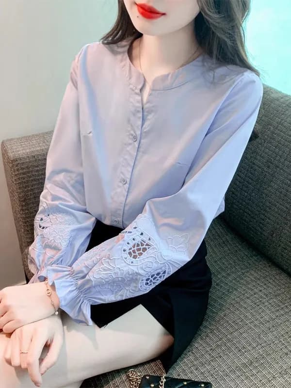Elegant Embroidered Long Sleeve T-Shirt Women's Fashion Spring Autumn Style Bubble Sleeve Chiffon Base Shirt Top