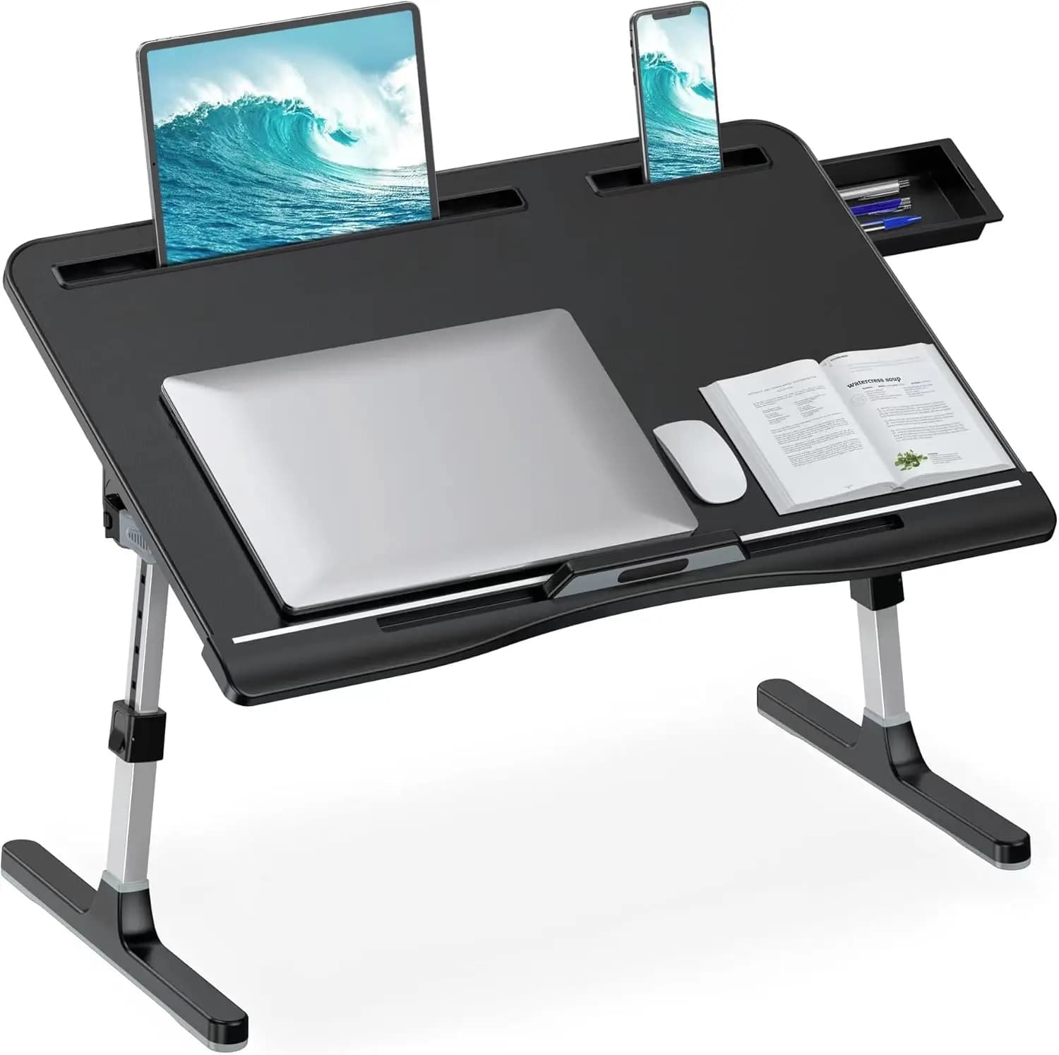 Supporto per Laptop da Letto, Scrivania Regolabile in Pelle con Gambe Pieghevoli, Tavolino Extra Large per Letto e Divano con Cassetto