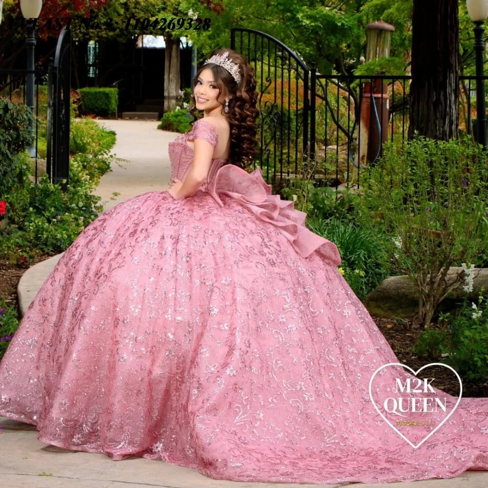 EVLAST Personalizzato Rosa Caldo Abito Quinceanera Abito di Sfera Lucido Applique Che Borda Arco Corsetto Dolce 16 Abiti Da 15 Anos E3Q12
