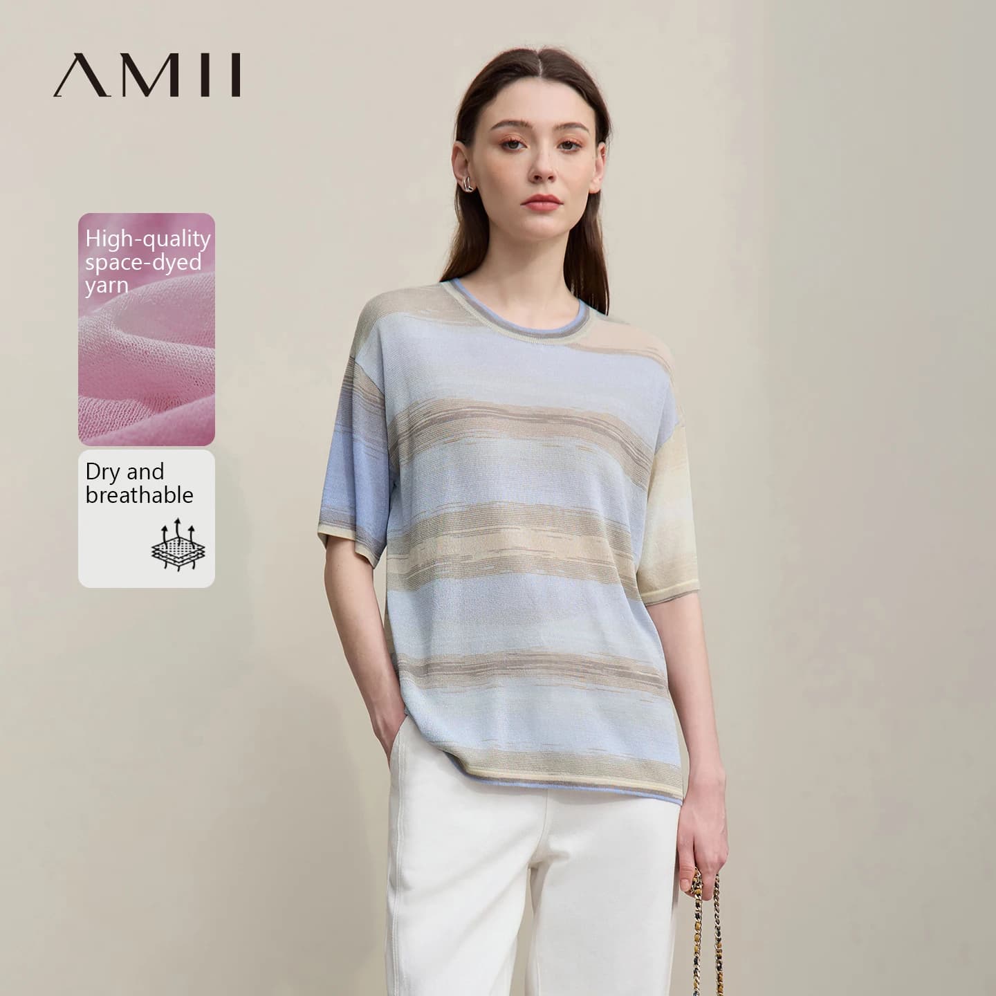 Amii Women's Knit Top 2026 Summer New Round Neck Drop Shoulder Color Block Striped Sweater Loose Casual Pullover Tops 12642074