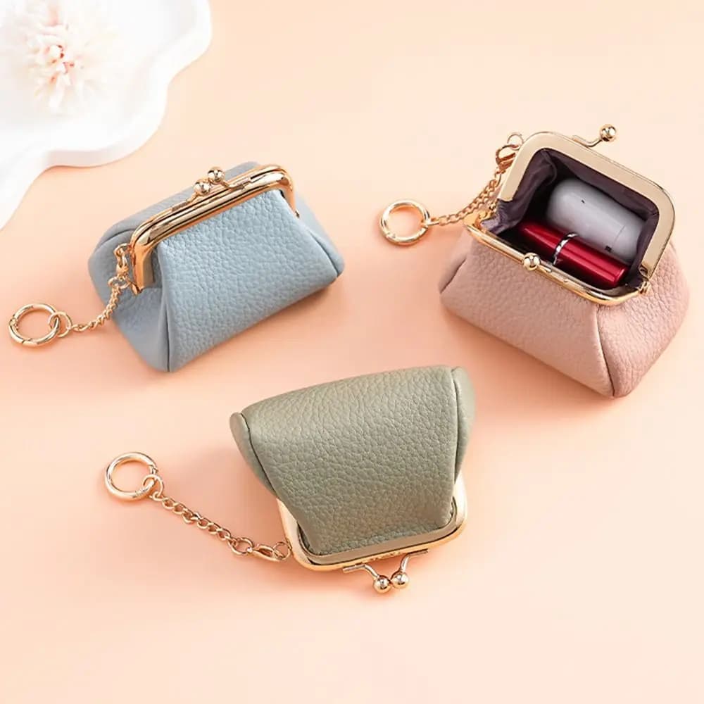 Soft Leather Mini Coin Purse Solid Color Retro Style Change Pouch with Keychain Portable with Metal Key Chain Kiss Lock Wallet