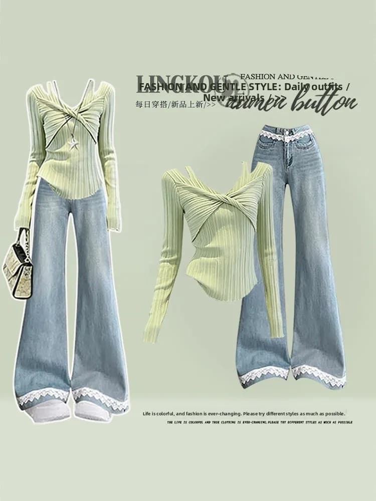 Spring Korean Style Women's Knitted Lace Top And Skinny Jeans Two-Piece Set Casual High Waist Long Sleeve T-Shirt Neck Hanging