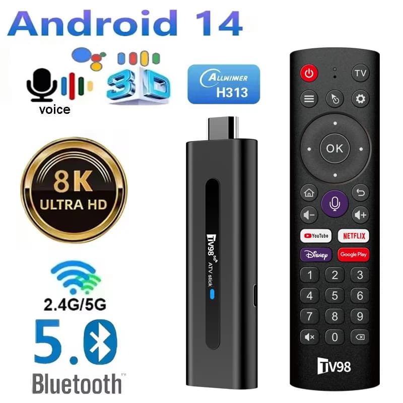TV98 ATV Stick Smart Android 14 Quad Core Allwinner H313 Dual WiFi 5G 4G HD 8K 4K Media Player BT5.0 Telecomando Vocale per Streaming IPTV